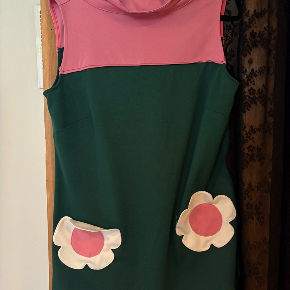 Pink and Green Sleeveless Dress with Floral Accents